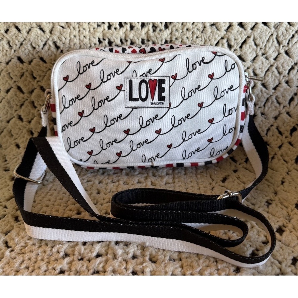 Brighton Love Scroll White Red and Black Canvas Crossbody Bag 8"x5"x2" - Picture 1 of 10
